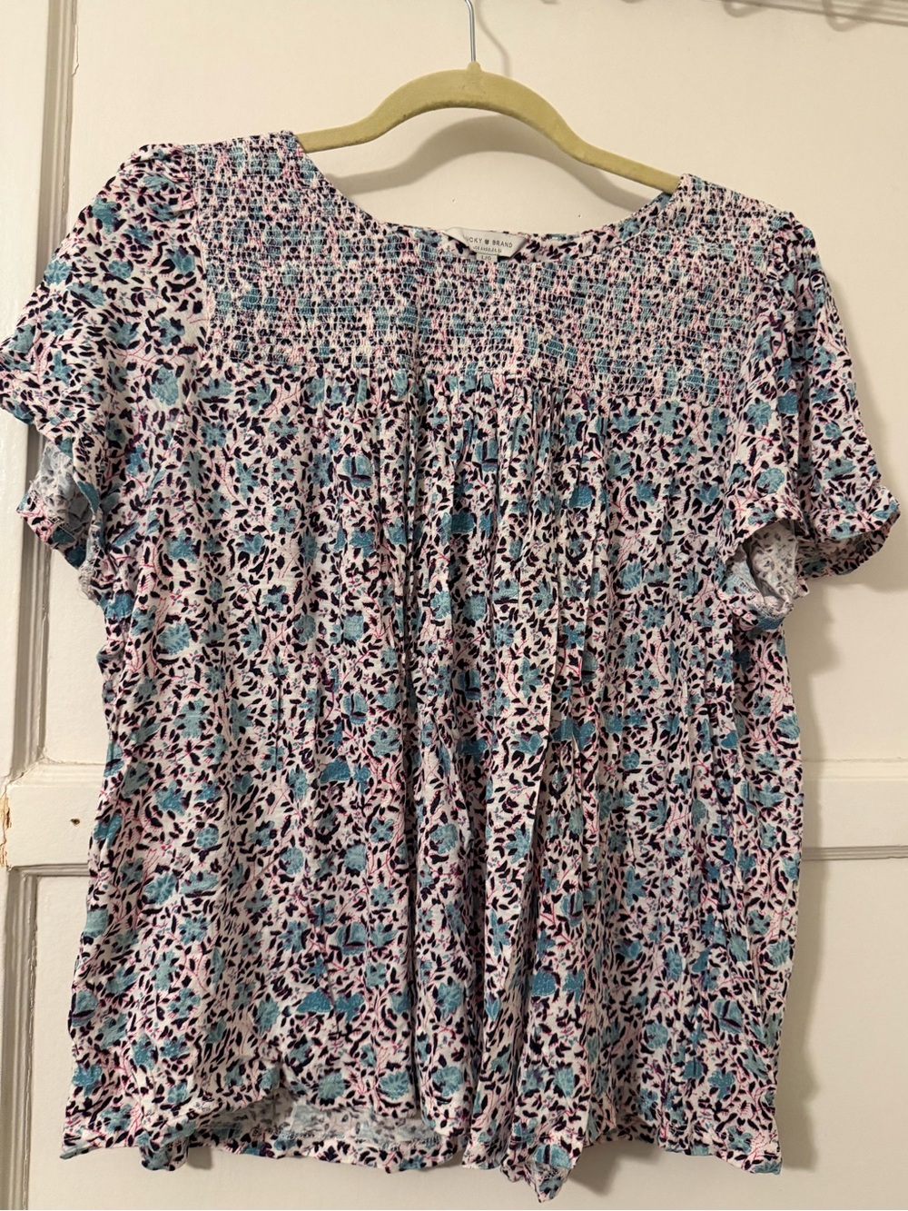 Lucky Brand Pink and Teal Floral Short-Sleeve Blouse